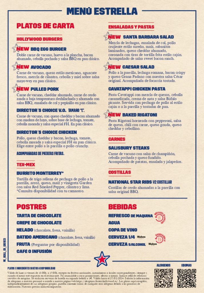 Menú Estrella en FOSTER'S HOLLYWOOD