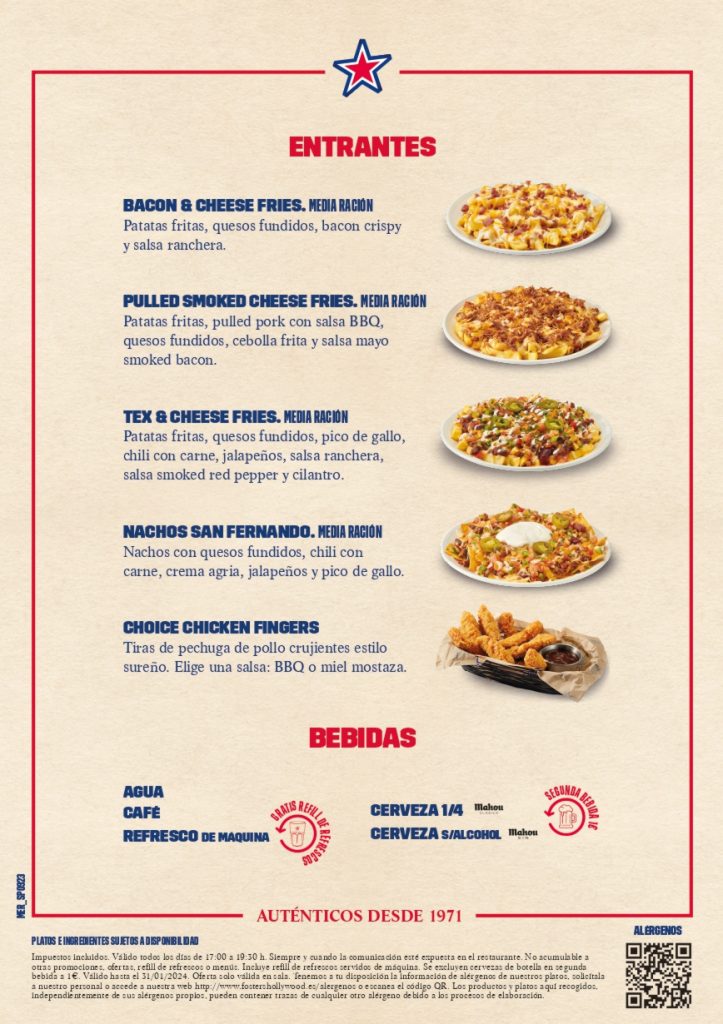 Menú Meriendas en FOSTER'S HOLLYWOOD